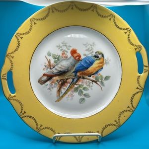 Vintage Schumann parrot tropical bird cake plate with handles, made Germany